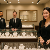 2 men and a woman who work in a jewellery shop with three display counters. The woman is wearing headphones and listening to music from her phone