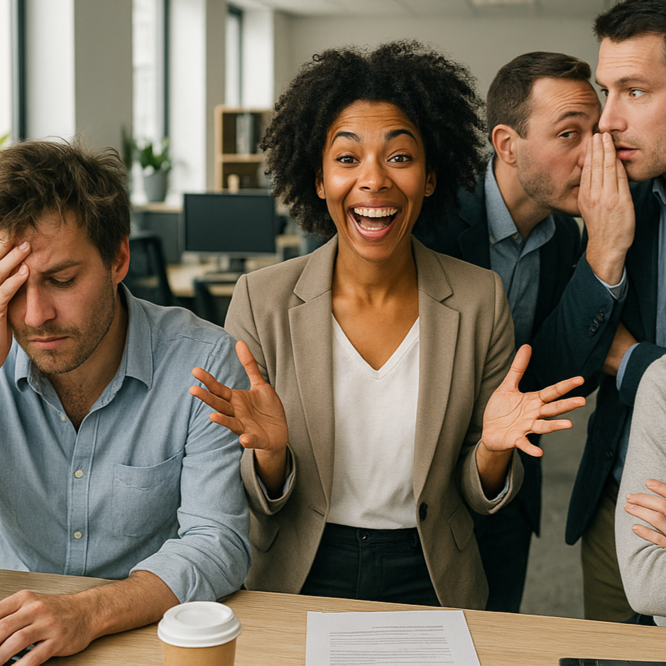 4 people in an office, one is hungover, the lady is enthusiastic, one is the office gossip, one has tempers