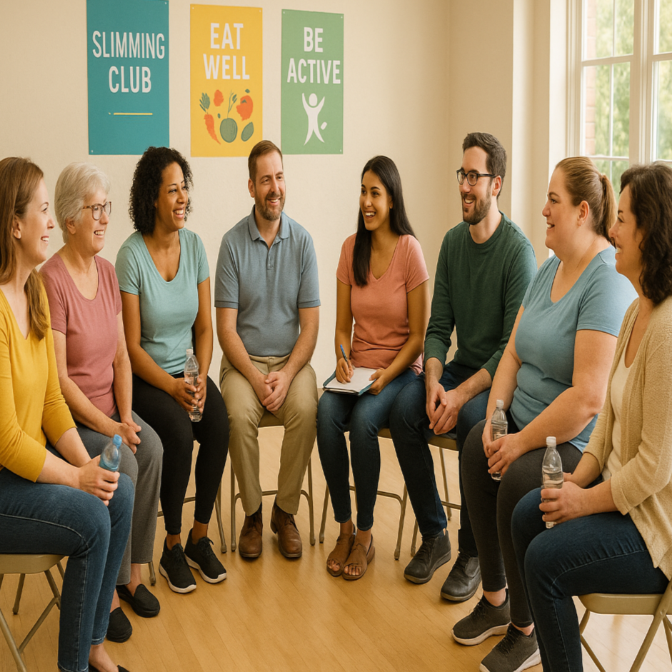 6 women and 2 men at a slimming club