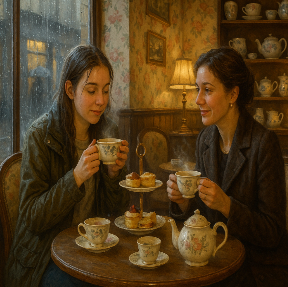 A 20 year old lady and a 40 year old lady meet out of the rain in an old fashioned tea shop