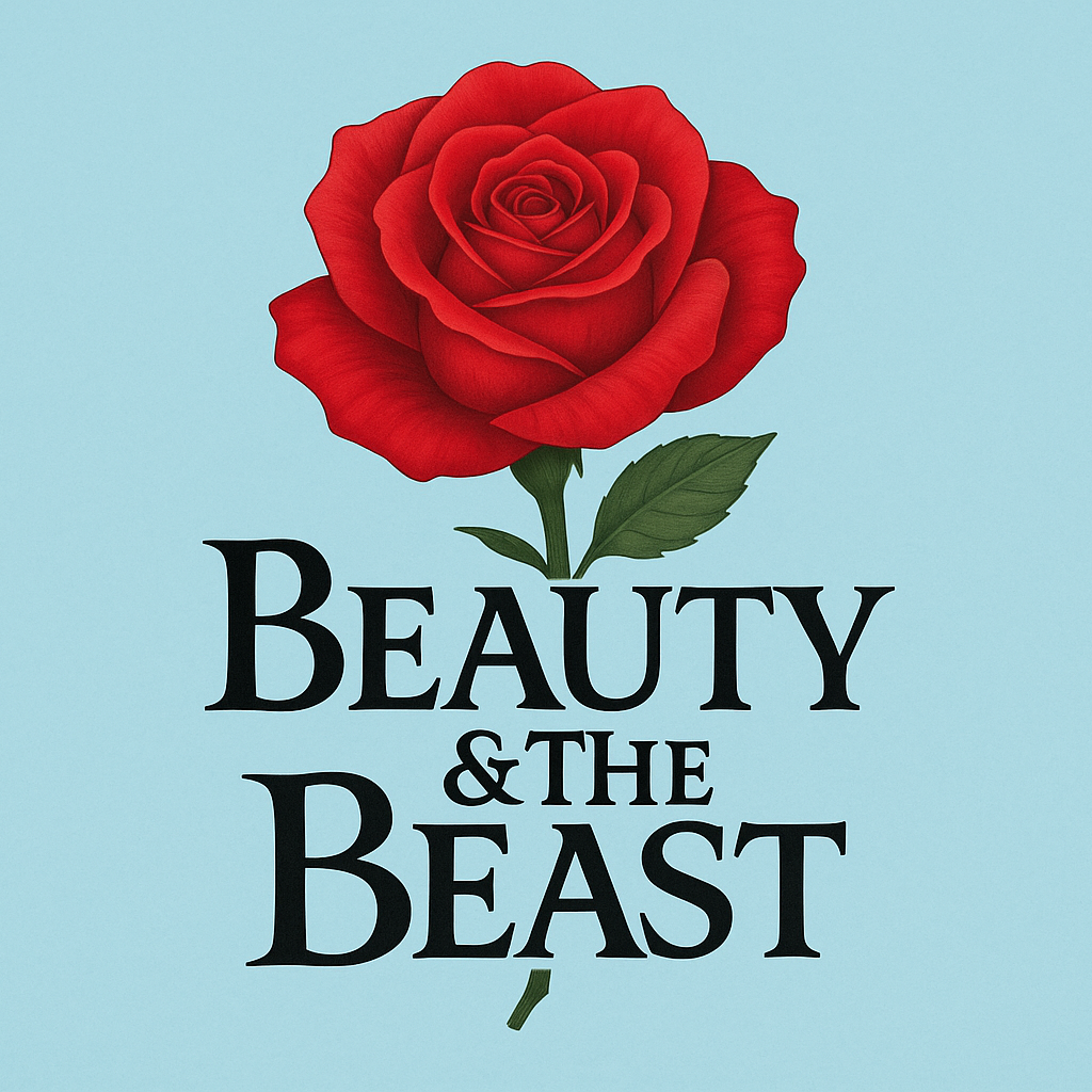 A beautiful rose against a sky blue background, a logo for 'Beauty & The Beast'