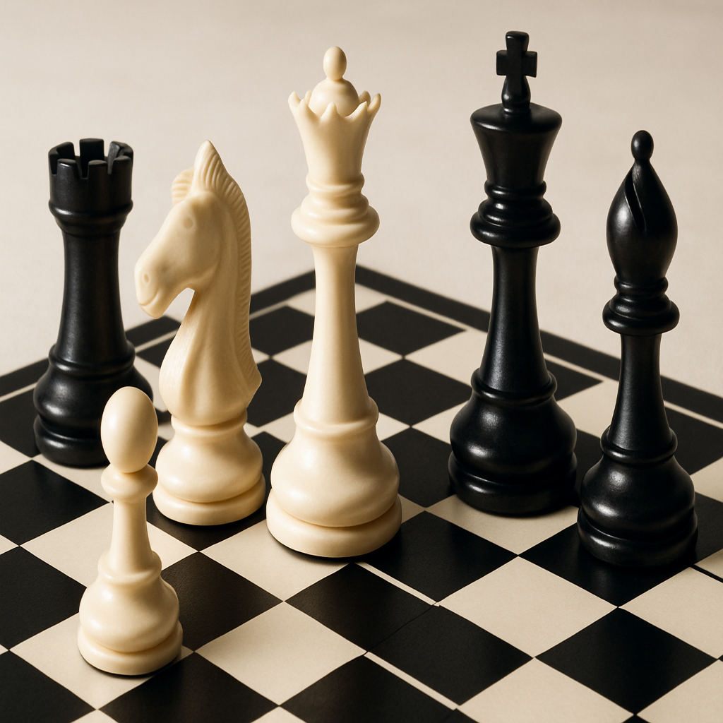 A chess board with six pieces including the queen