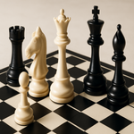 A chess board with six pieces including the queen