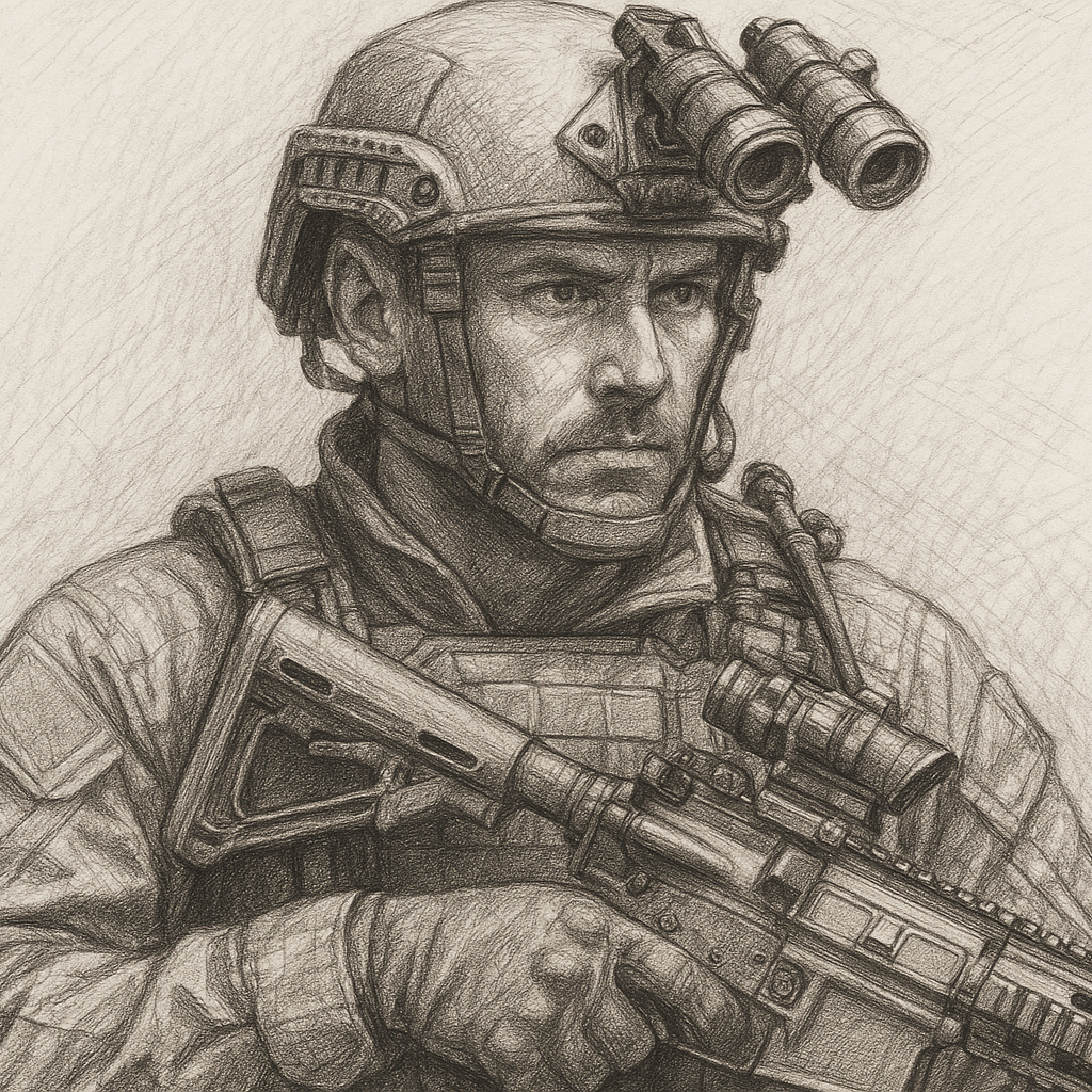 A close up pencil sketch drawing of an armed soldier in modern day warfare