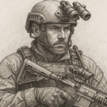 A close up pencil sketch drawing of an armed soldier in modern day warfare
