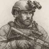 A close up pencil sketch drawing of an armed soldier in modern day warfare