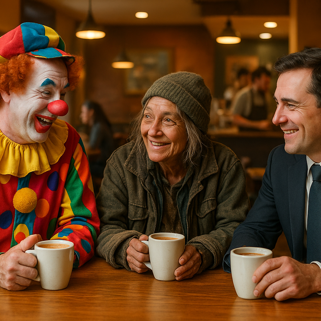 A clown integrates with a homeless woman and a businessman in a cafe