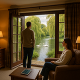 A couple are in a smart rural hotel with french windows looking out on a river, weeping willows and swans
