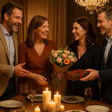 A couple have another couple round to dinner. They bring flowers and chocolates