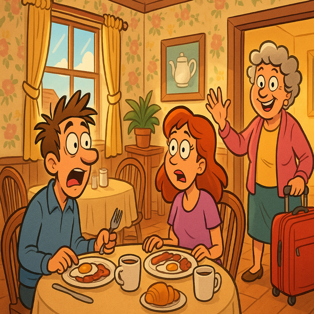 A couple on their second honeymoon sit in the breakfast room of a B & B, looking up to see that her mother has arrived too! Comic cartoony style