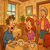 A couple on their second honeymoon sit in the breakfast room of a B & B, looking up to see that her mother has arrived too! Comic cartoony style