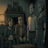 A couple take on two human-like androids to help as partners to each of them to help with their failing marriage.  The image should picture the two in. the living room with the androids, curious about them.  It should be comic yet have dark undertones.