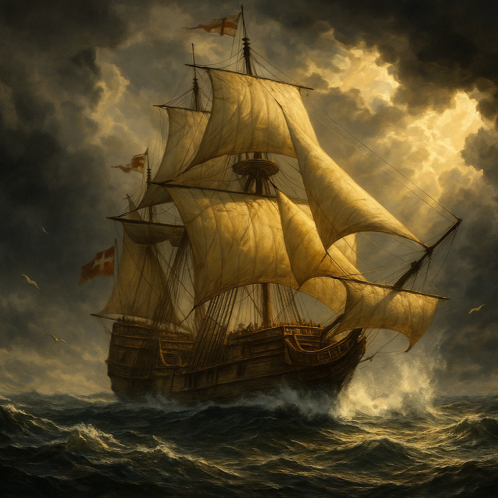 A dramatic picture of The Mayflower ship (that took pilgrims to USA in the sevenbteenth century), sailing the ocean
