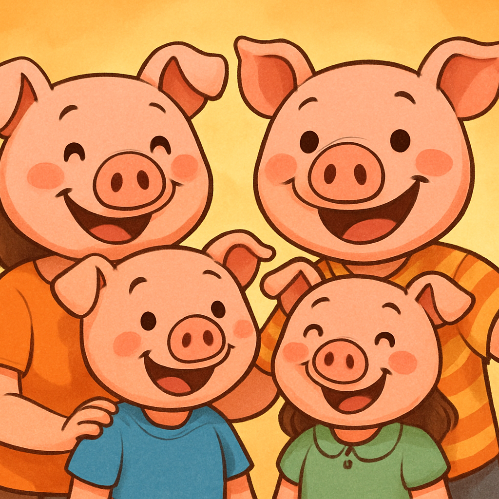 A group of human beings with comic pig's heads as heads. A funny upbeat happy family feel