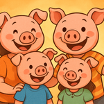 A group of human beings with comic pig's heads as heads. A funny upbeat happy family feel