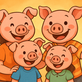 A group of human beings with comic pig's heads as heads. A funny upbeat happy family feel
