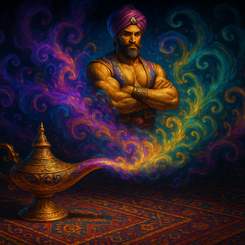 A lamp with a genie coming out surrounded by coloured smoke
