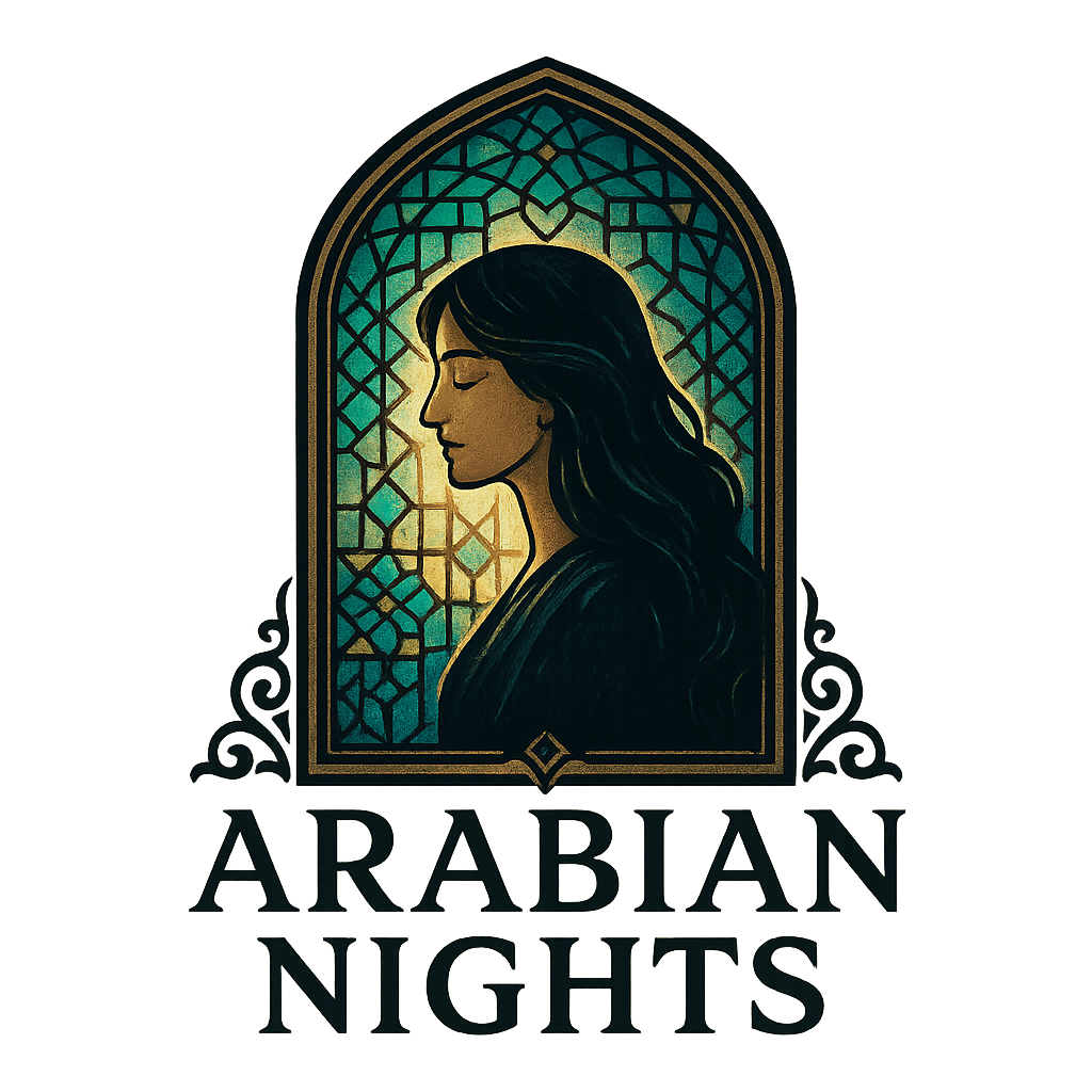 A logo to represent 'Arabian Nights' with a beautiful woman looking through a beautiful glass window one morning