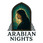 A logo to represent 'Arabian Nights' with a beautiful woman looking through a beautiful glass window one morning