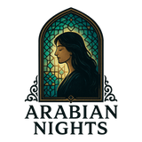 A logo to represent 'Arabian Nights' with a beautiful woman looking through a beautiful glass window one morning