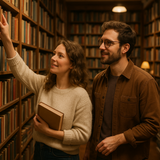 A man and a woman in a bookshop taking a book from the shelf