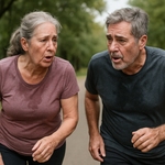 a man and a woman in their early 60s jog and talk at the same time. They are knackered