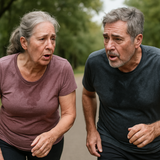 a man and a woman in their early 60s jog and talk at the same time. They are knackered
