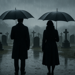 a man and a woman with our backs to us in a graveyard looking at the graves with umbrellas up. It's raining