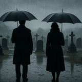 a man and a woman with our backs to us in a graveyard looking at the graves with umbrellas up. It's raining