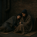 A man and lady are homeless, sleeping rough at the back of a factory