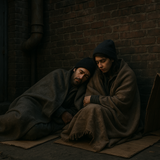 A man and lady are homeless, sleeping rough at the back of a factory