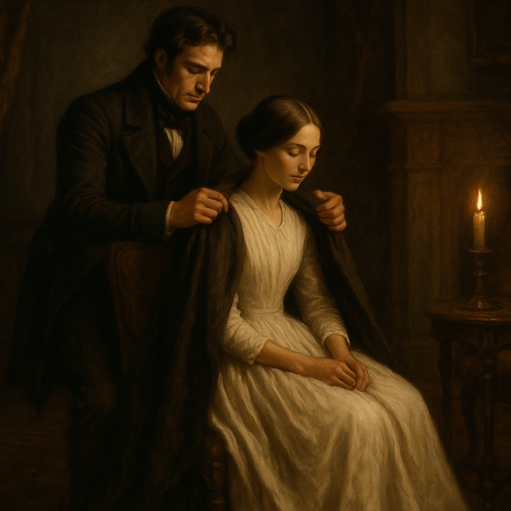 A man in formal attire of the nineteenth century stands behind a seated woman in a long white dress in the style of Jane Eyre looks (ie brunette and middle oparting.  The man places a shawl or gown over the lady's shoulders as she sits.  The lighting is atmospheric