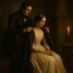 A man in formal attire of the nineteenth century stands behind a seated woman in a long white dress in the style of Jane Eyre looks (ie brunette and middle oparting.  The man places a shawl or gown over the lady's shoulders as she sits.  The lighting is atmospheric