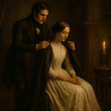 A man in formal attire of the nineteenth century stands behind a seated woman in a long white dress in the style of Jane Eyre looks (ie brunette and middle oparting.  The man places a shawl or gown over the lady's shoulders as she sits.  The lighting is atmospheric