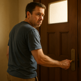 A man in his early 40s with his back to his front door is anxious about leaving