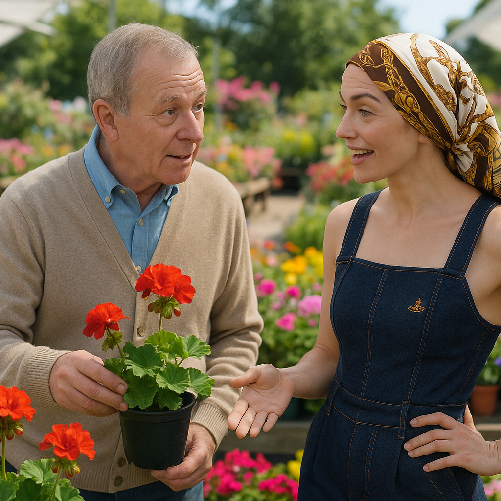 A man is his 60s at a Garden Centre asks a woman wearing a Hermes headscarf and  last year’s Vivienne Westwood overalls about geraniums