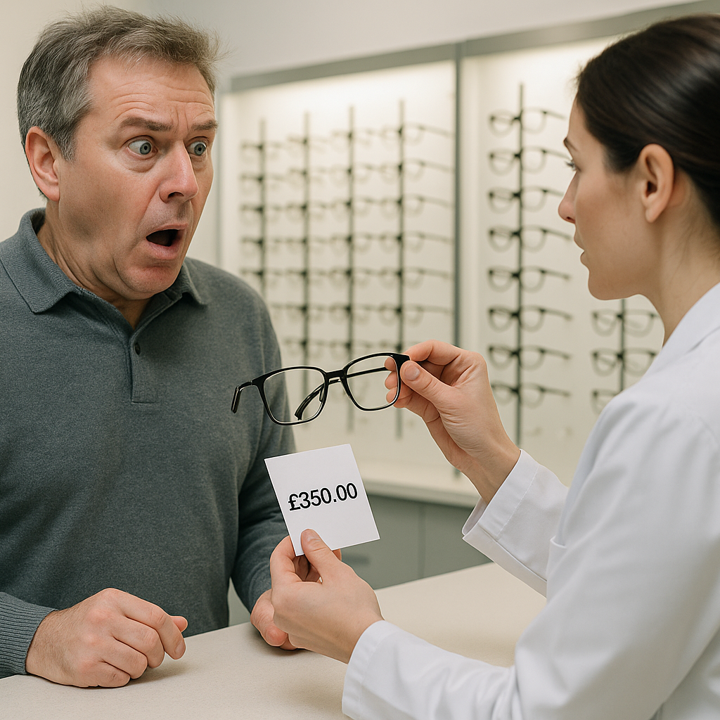 A man is surprised when a shop assistant says his varifocal lenses cost £350.00