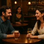 A man meets a lady on a blind date in a bar. His lady friend watches from nearby