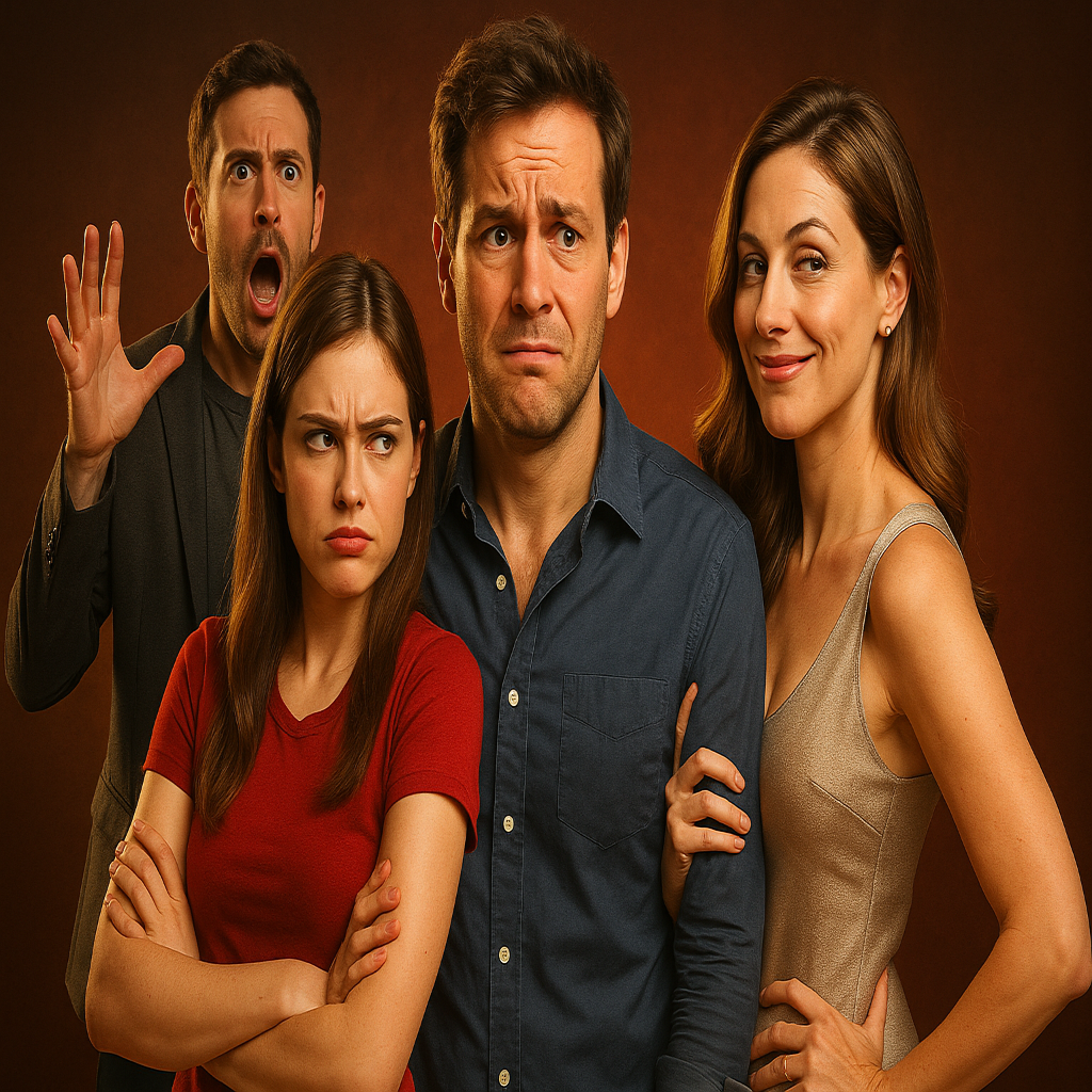 a man takes in his best friend whose marriage is failing, only to find that his new girlfriend is his friend's ex-wife. The poster should show two couples in a farcical position with different facial expressions, lwith one man torn between loyalty