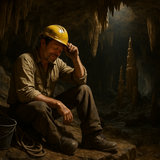 A man with hard hat rests in an underground cave with stalactites and stalagmites all around - what a day out!