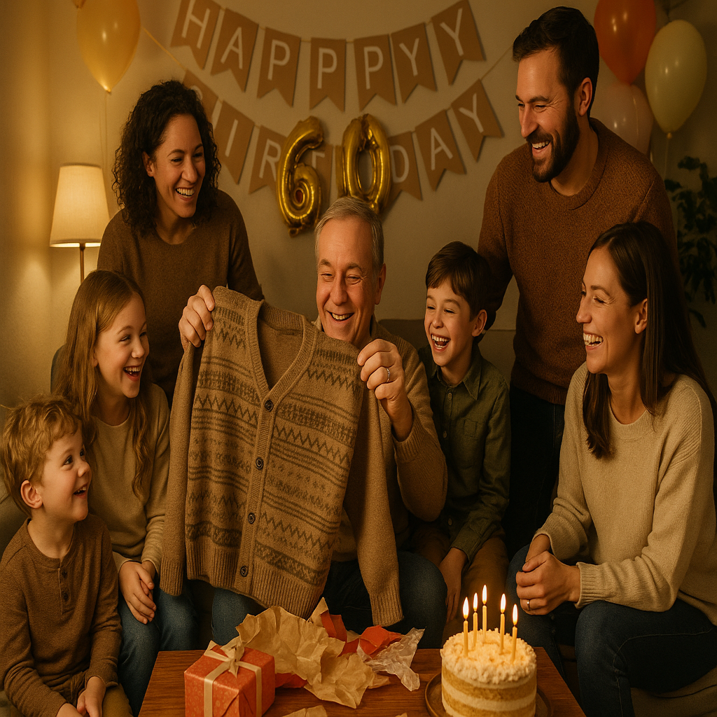 A man's 60th Birthday surrounded by his grown up kids and grandkids gets an untrendy cardigan as a present