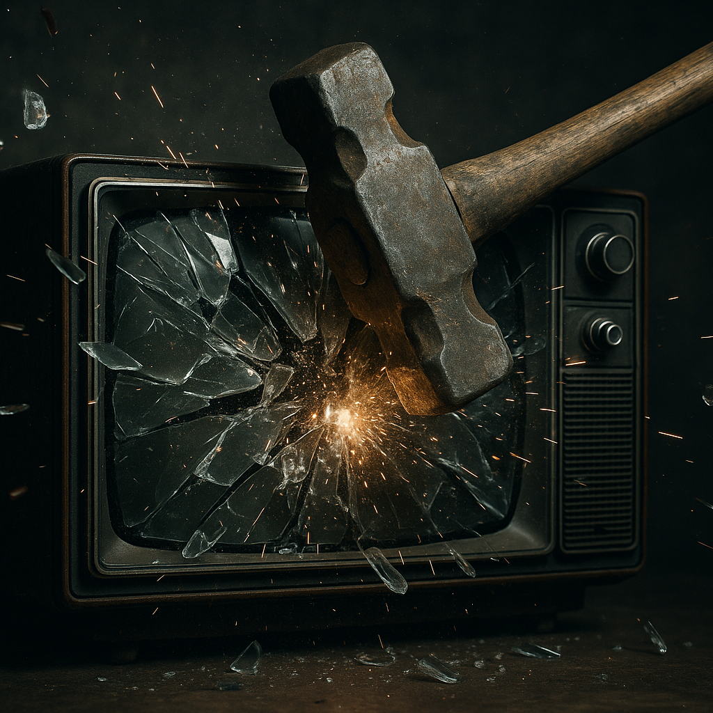 A metal-headed mallet is smashing a vintage TV set