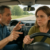 A middle aged couple argue about directions in a car. The woman is driving
