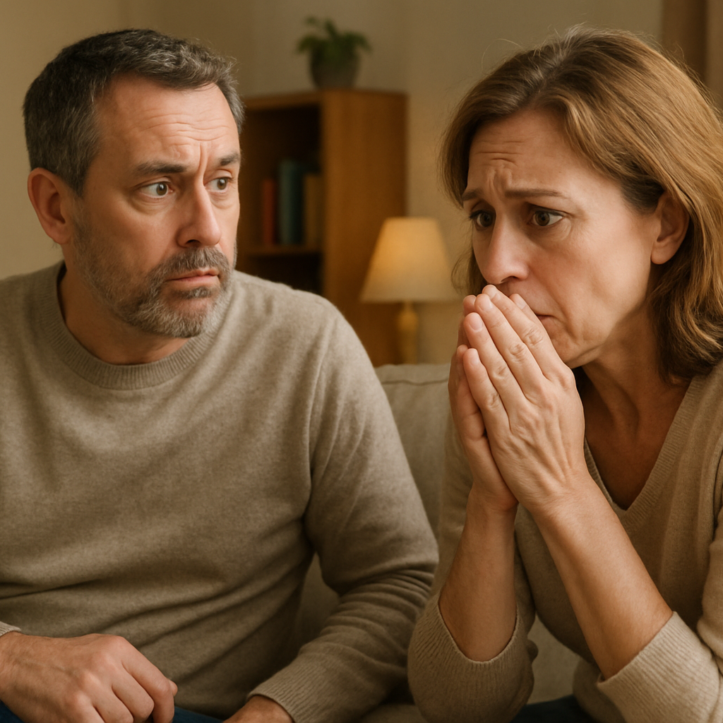 A middle aged man relaxing on a sofa looks quizzically at a middle aged woman leaning forward.  She looks worried about something and holds her hands close to her mouth