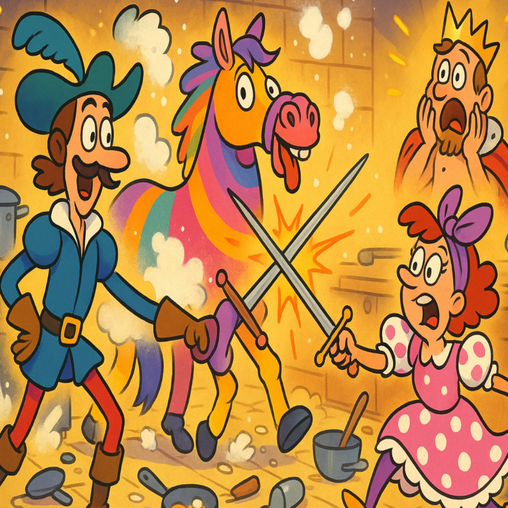 A pantomime horse, a messy kitchen scene, a sword fight, the king has no clothes on cartoon