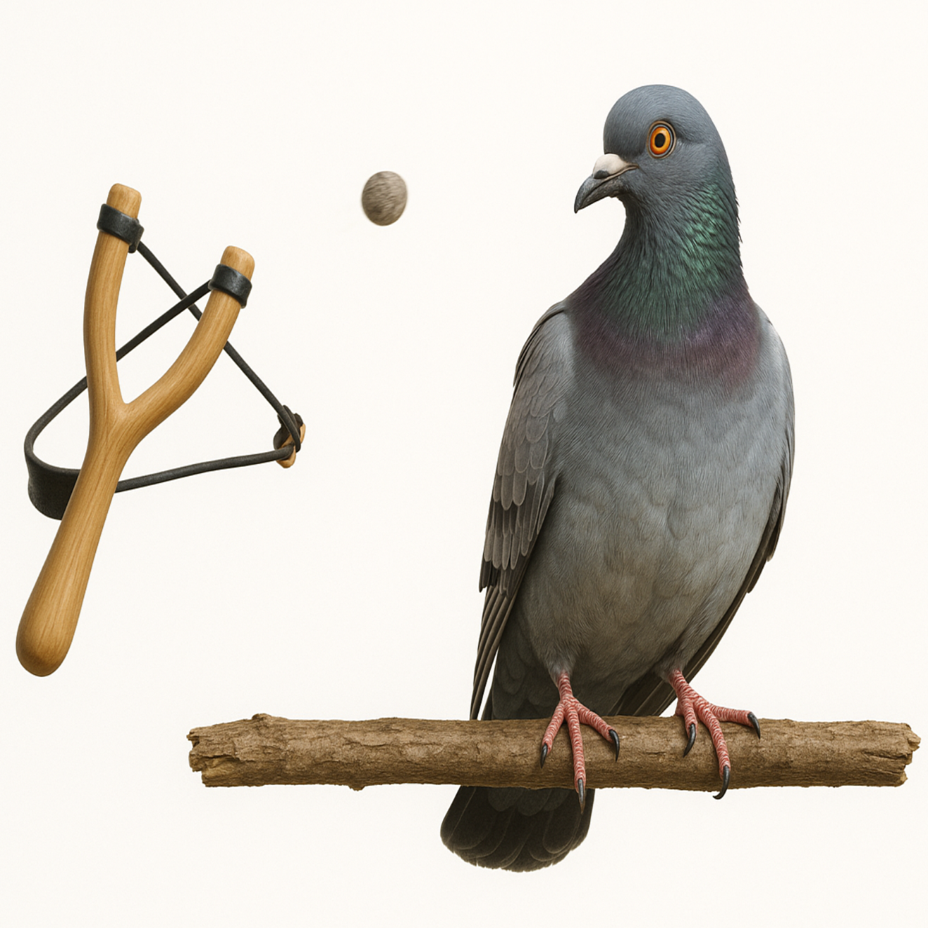 A pigeon sits on a single branch against a white background. A catapult has just loosed a small pebble at it. 