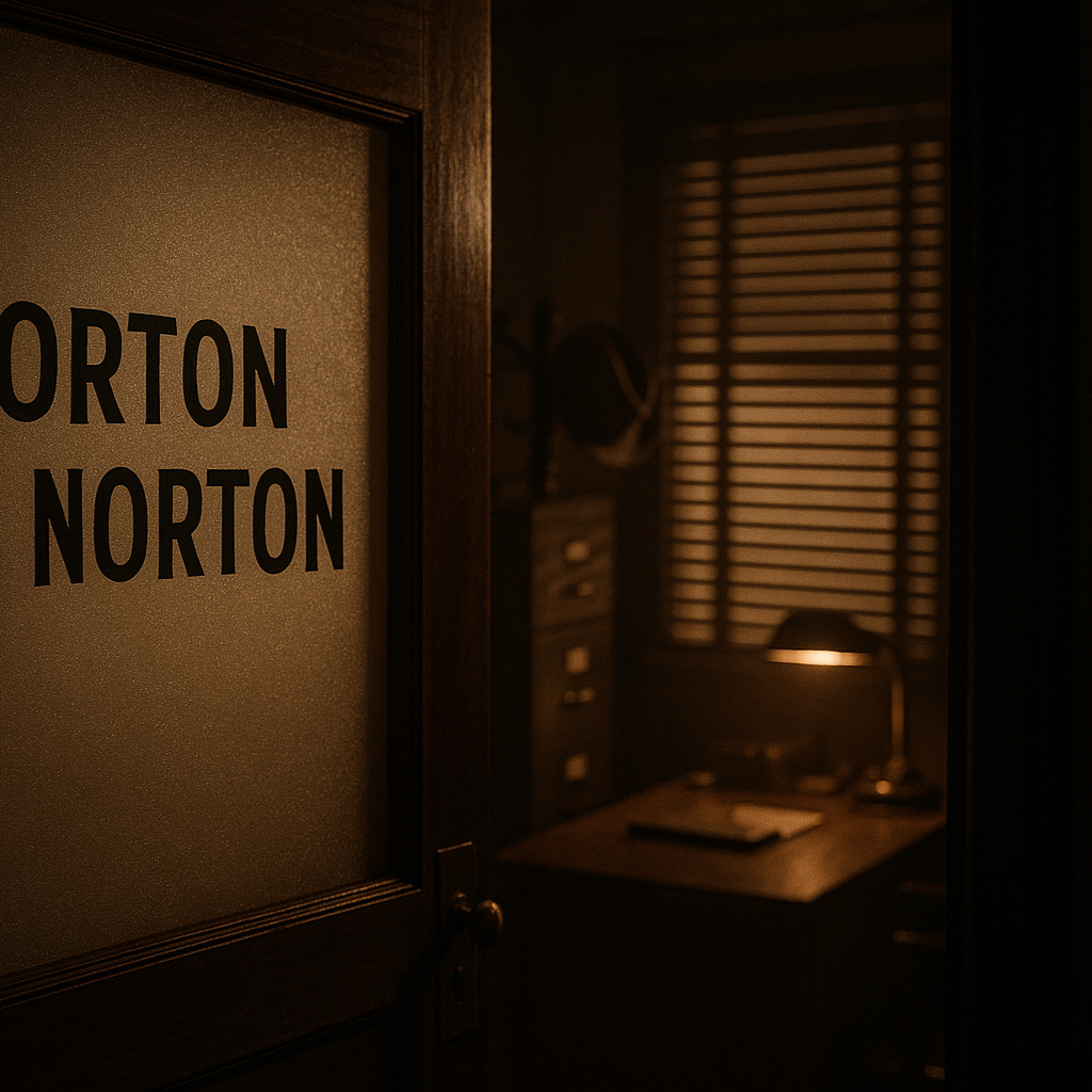 A Private detective's Office with 'ORTON J NORTON' stencilled on the door