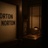 A Private detective's Office with 'ORTON J NORTON' stencilled on the door