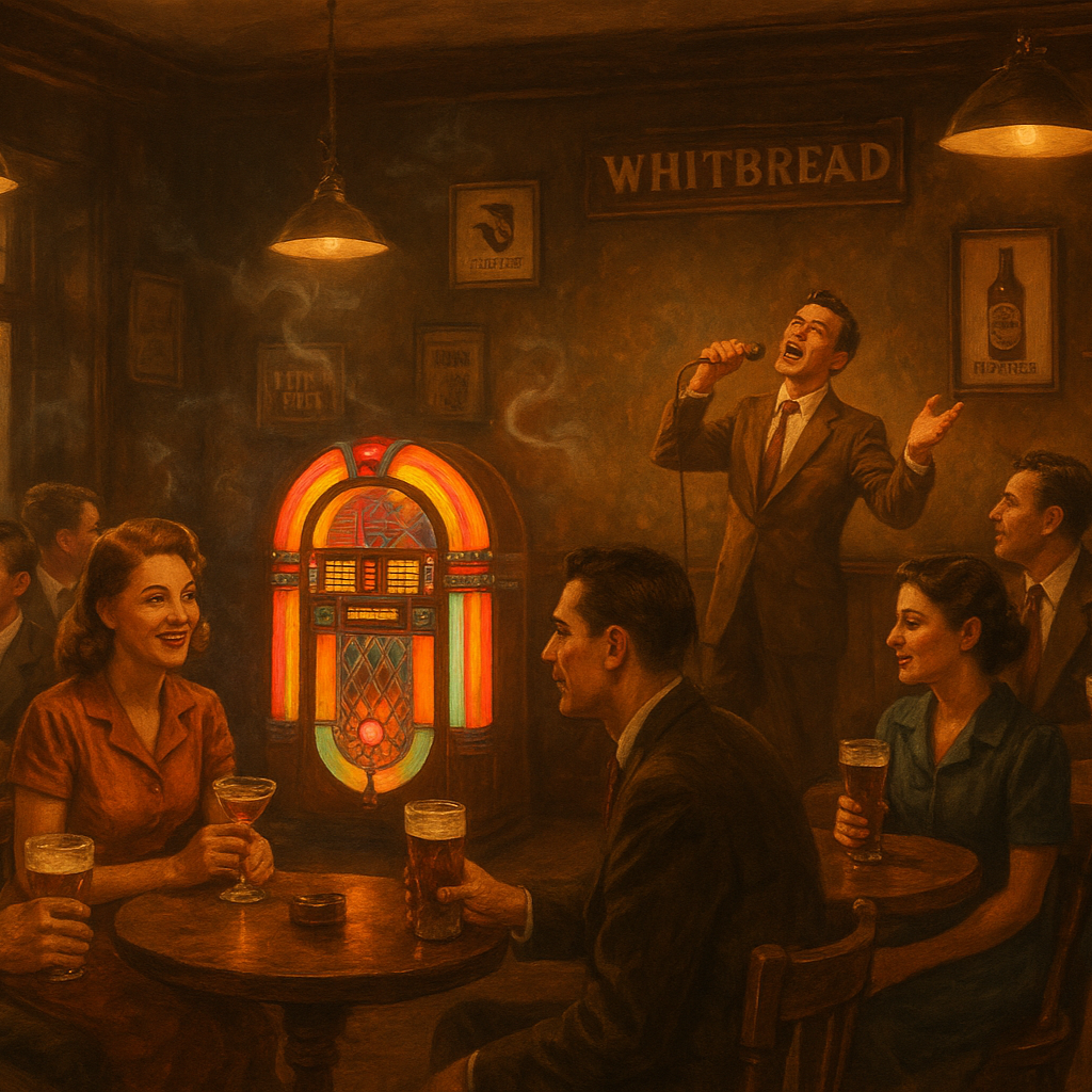 A Pub Scene with a few people from the 1950's drinking within.  Someone is singing karaoke to a jukebox in the back.