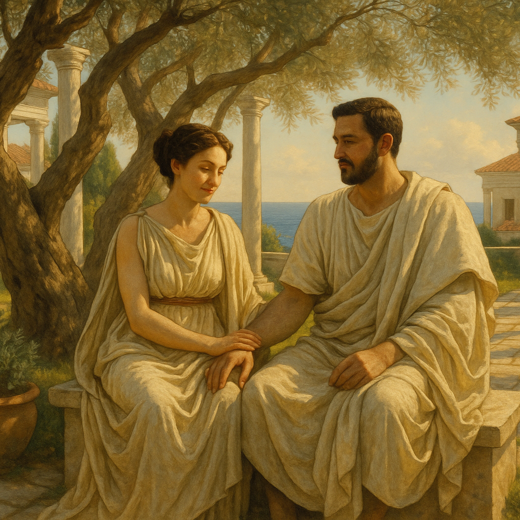 A roman wife and husband sit in a villa's garden in Ancient Rome among the olive trees looking out to sea